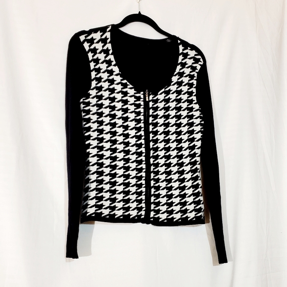 ❗️ Vintage Stretch Knit Houndstooth Zip Up Stretchy Sweater Large Black White - Picture 2 of 6